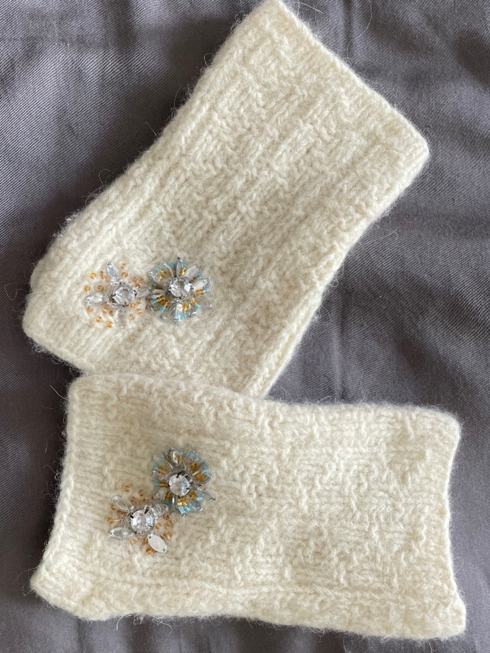Handmade Vintage Embellished Beaded Knit Fingerless Mitts in Delicate Cream